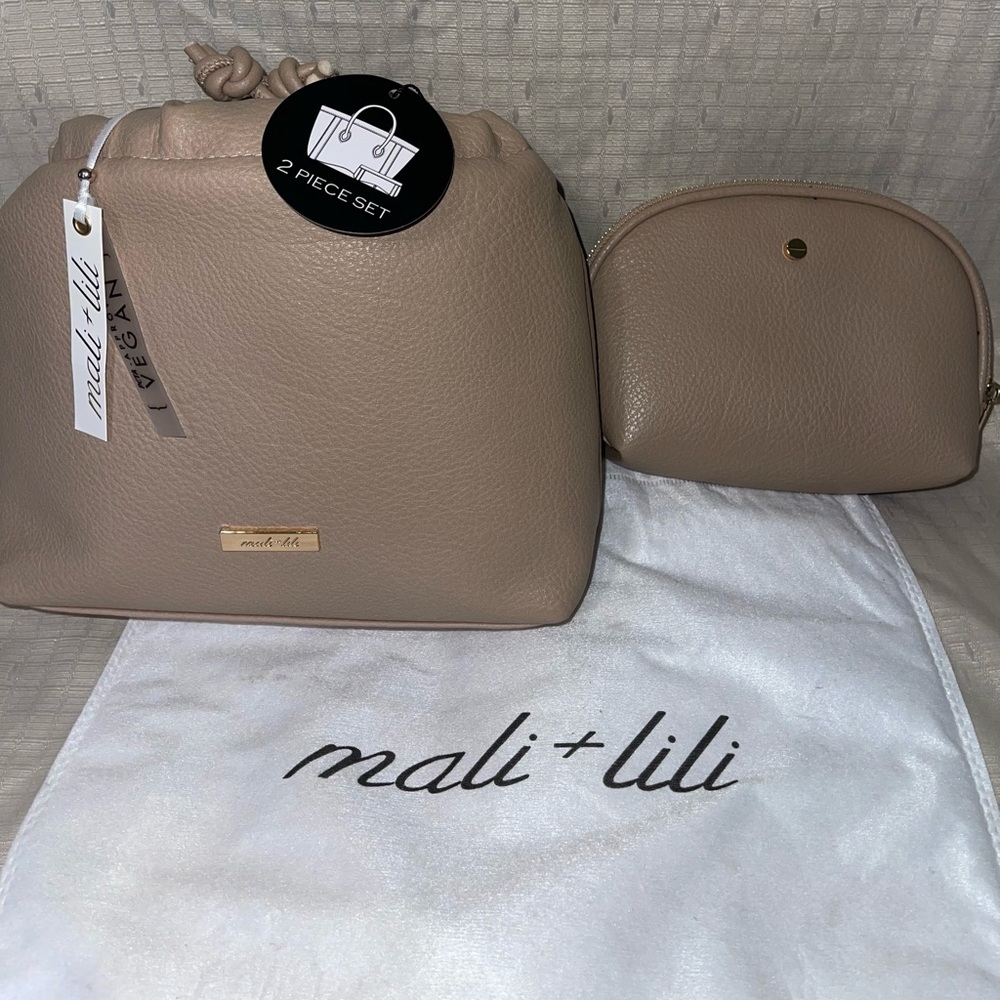 Vegan Leather Handbag & Cosmetic Bag 2-Piece Set